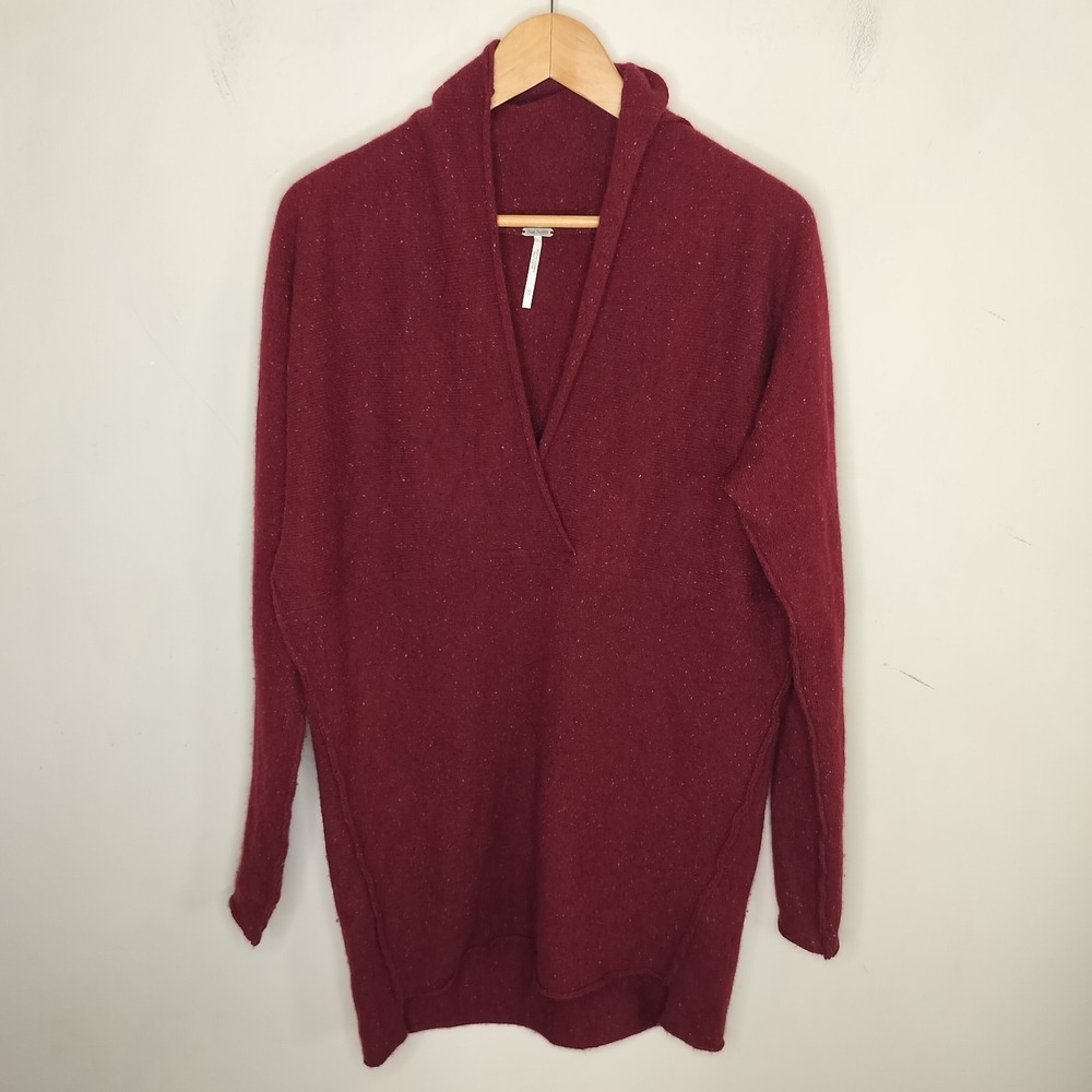 Free People Cashmere‎ Sweater Red Speckled Tunic Shawl Collar